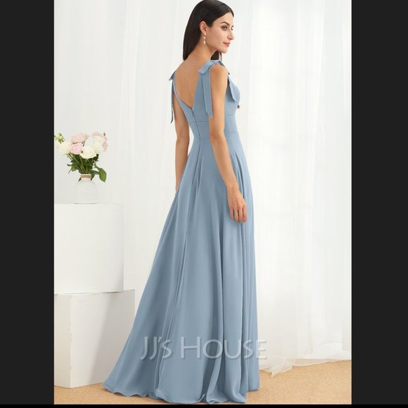 JJ's House A-Line V-neck Chiffon Bridesmaid Dress With Bows Size 8 Dusty Blue - Picture 2 of 8